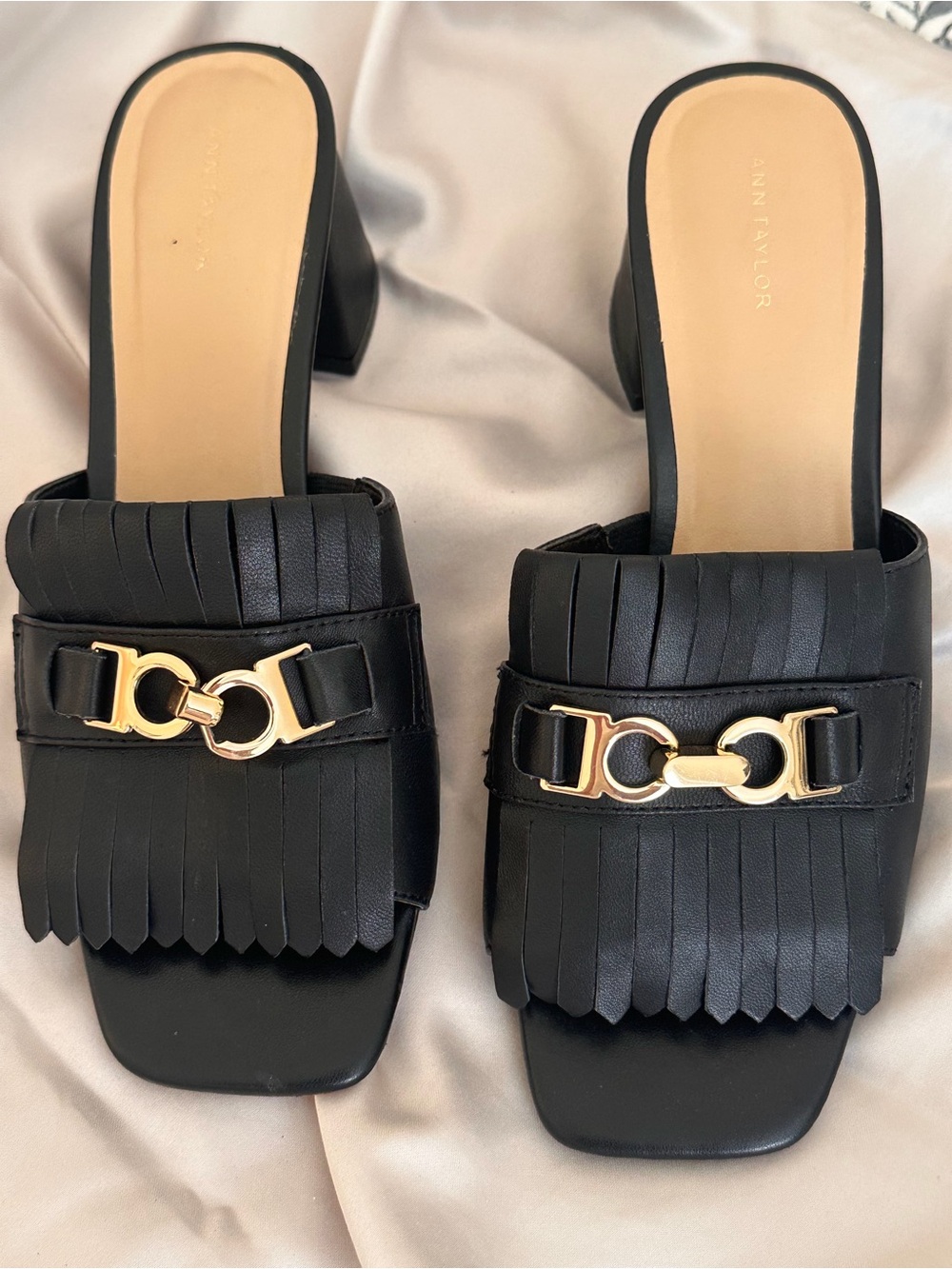 Ann Taylor Black Fringe Leather Mules with Gold Hardware